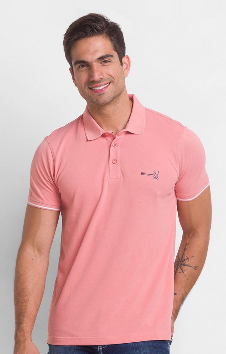 Spykar Dusty Pink Cotton Half Sleeve Plain Casual Polo T-Shirt For Men