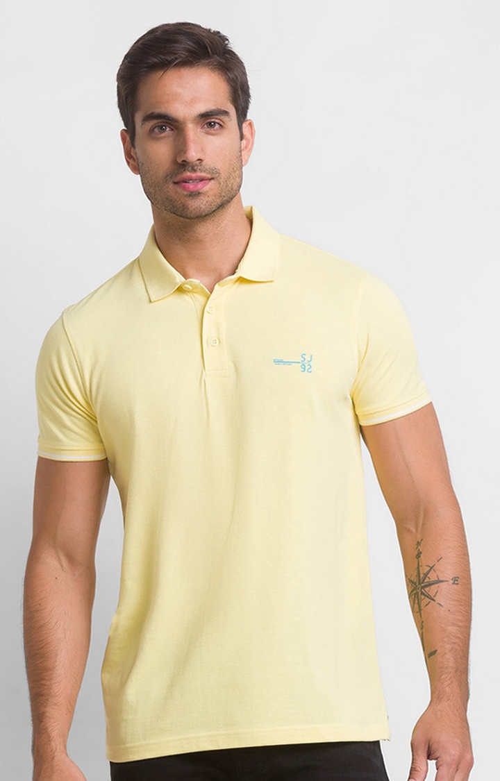 Spykar Butter Yellow Cotton Half Sleeve Plain Casual Polo T-Shirt For Men