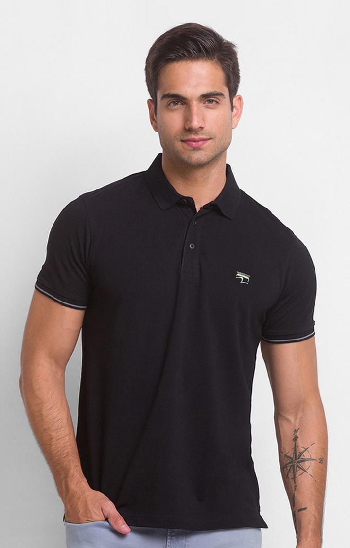 Spykar Black Cotton Half Sleeve Plain Casual Polo T-Shirt For Men