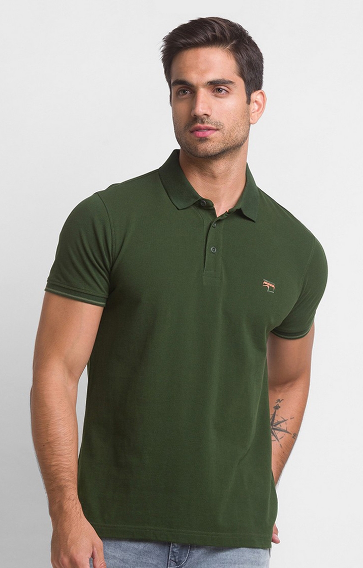 Spykar Rifle Green Cotton Half Sleeve Plain Casual Polo T-Shirt For Men