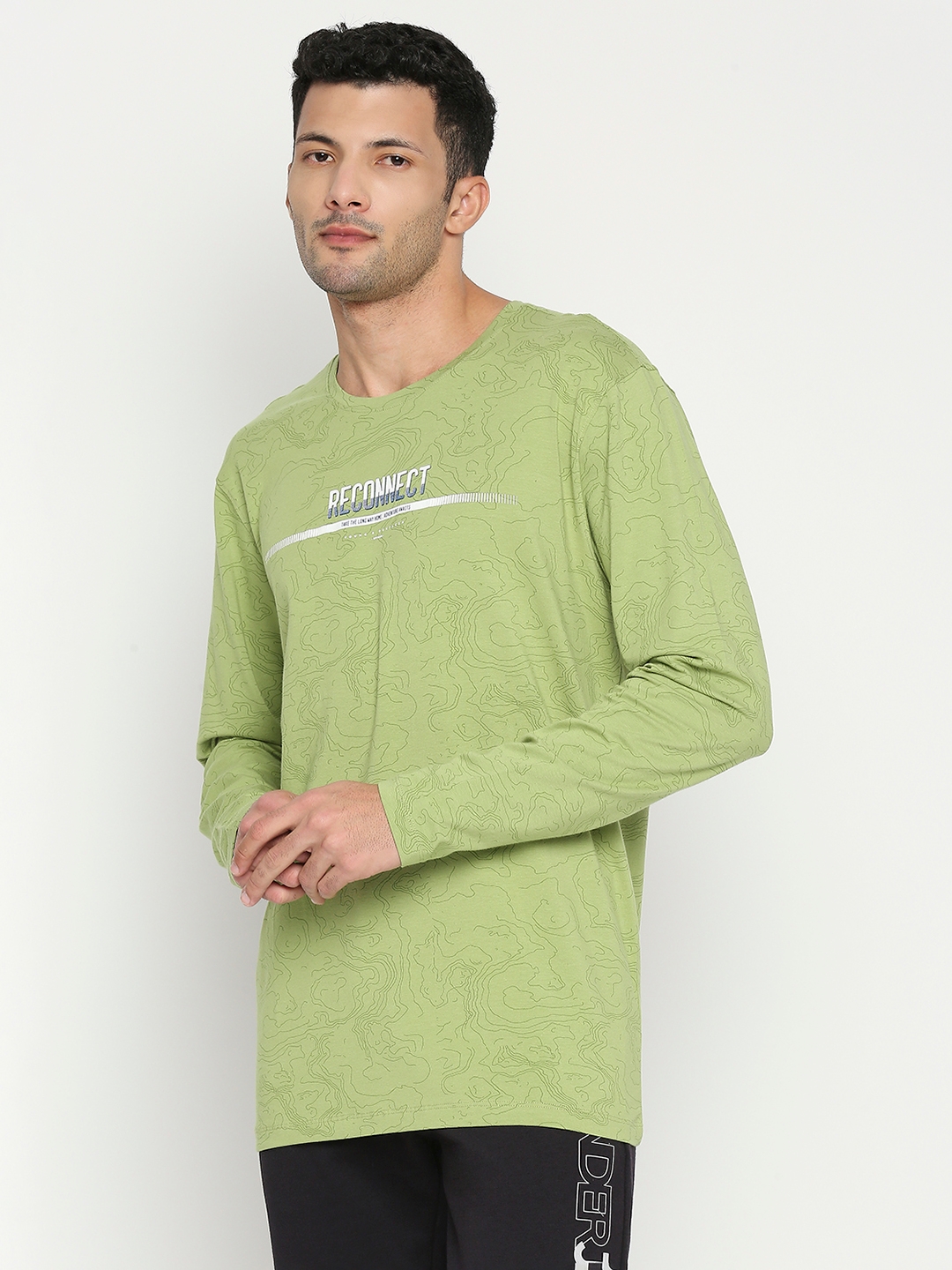 Spykar Dusty Green Cotton Blend Full Sleeve Printed Casual T-Shirt For Men
