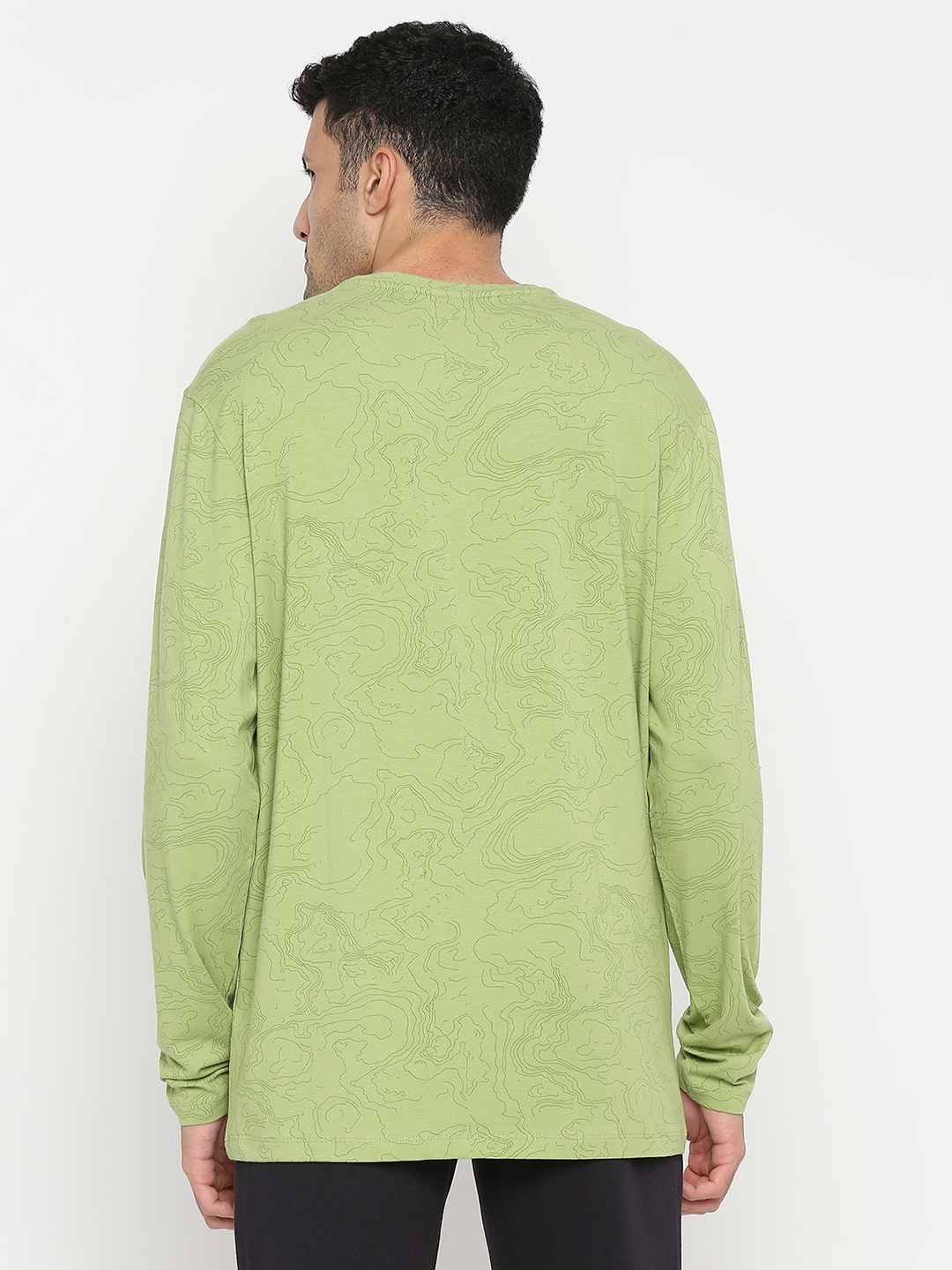 Spykar Dusty Green Cotton Blend Full Sleeve Printed Casual T-Shirt For Men