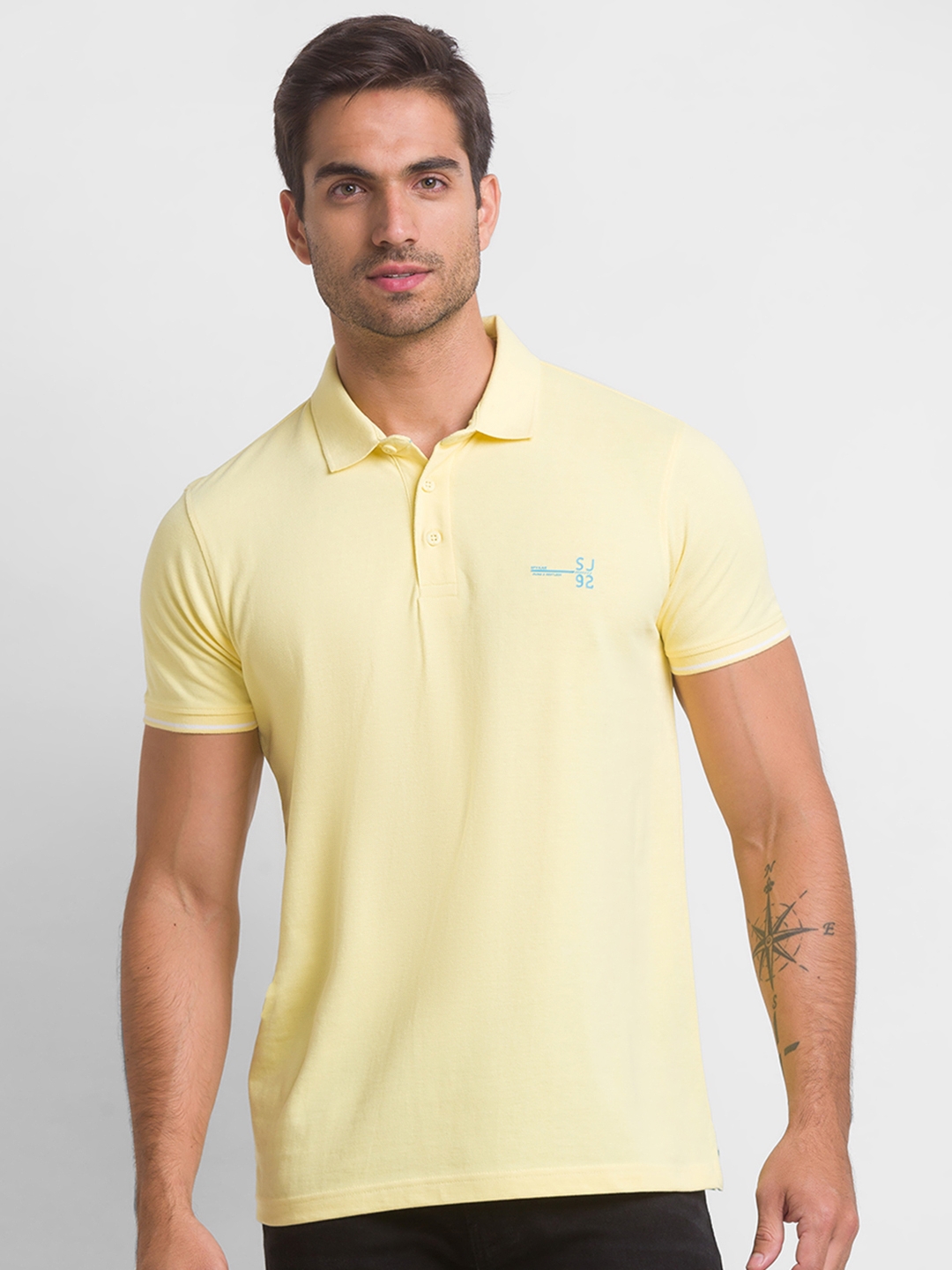 Spykar | Spykar Butter Yellow Cotton Half Sleeve Plain Casual T-Shirt For Men