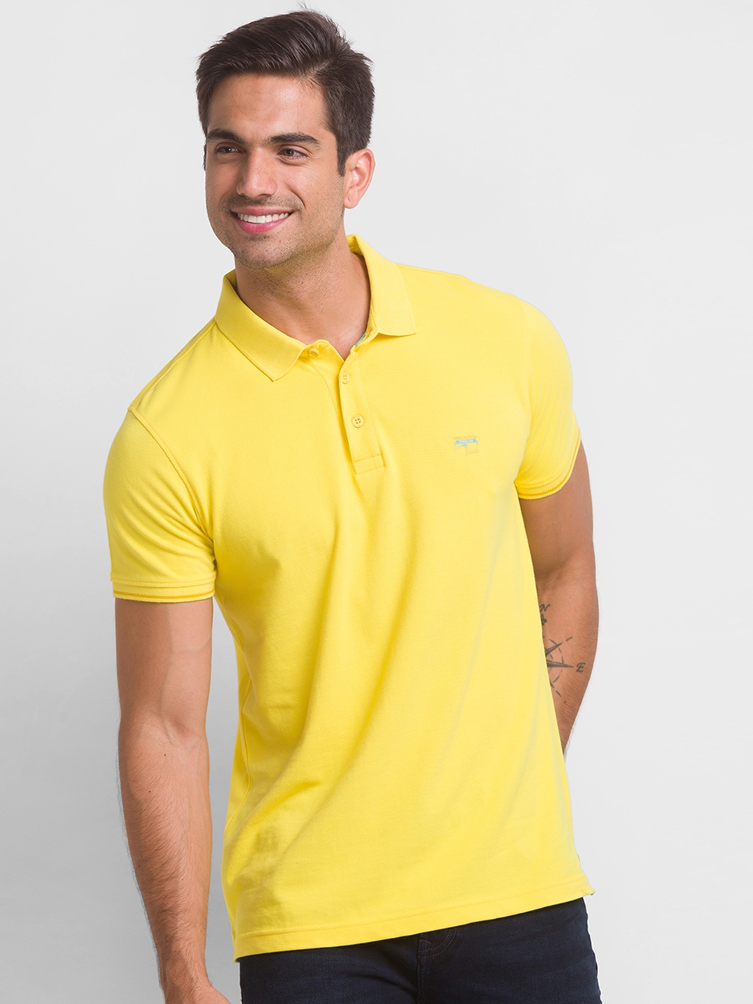 Spykar | Spykar Sulphur Yellow Cotton Half Sleeve Plain Casual T-Shirt For Men