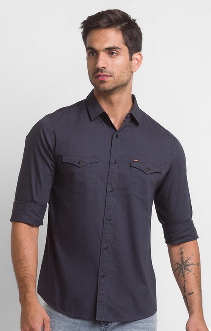 spykar | Men's Grey Cotton Solid Casual Shirts