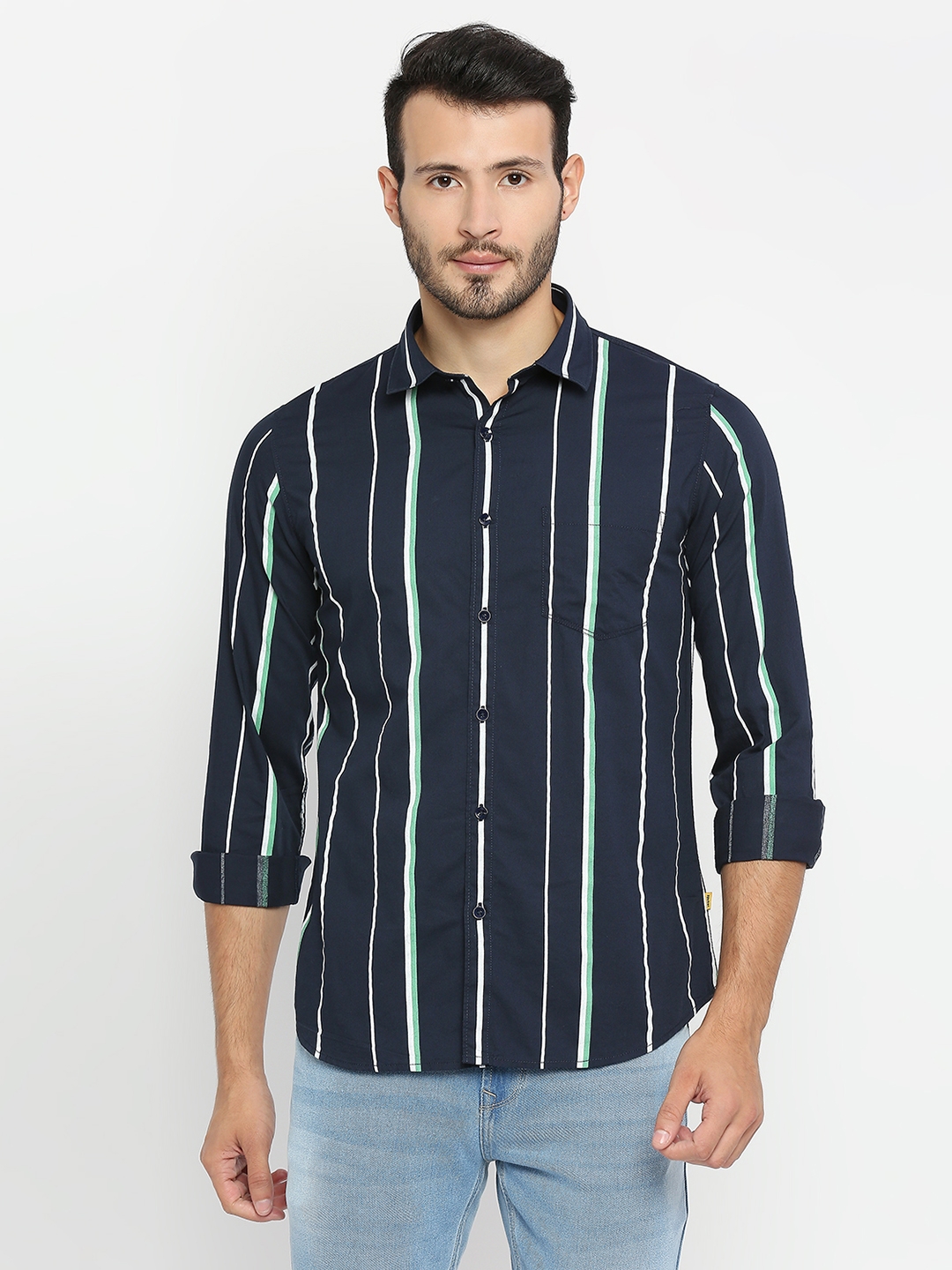 Spykar | Spykar Navy Blue Cotton Full Sleeve Stripes Shirt For Men