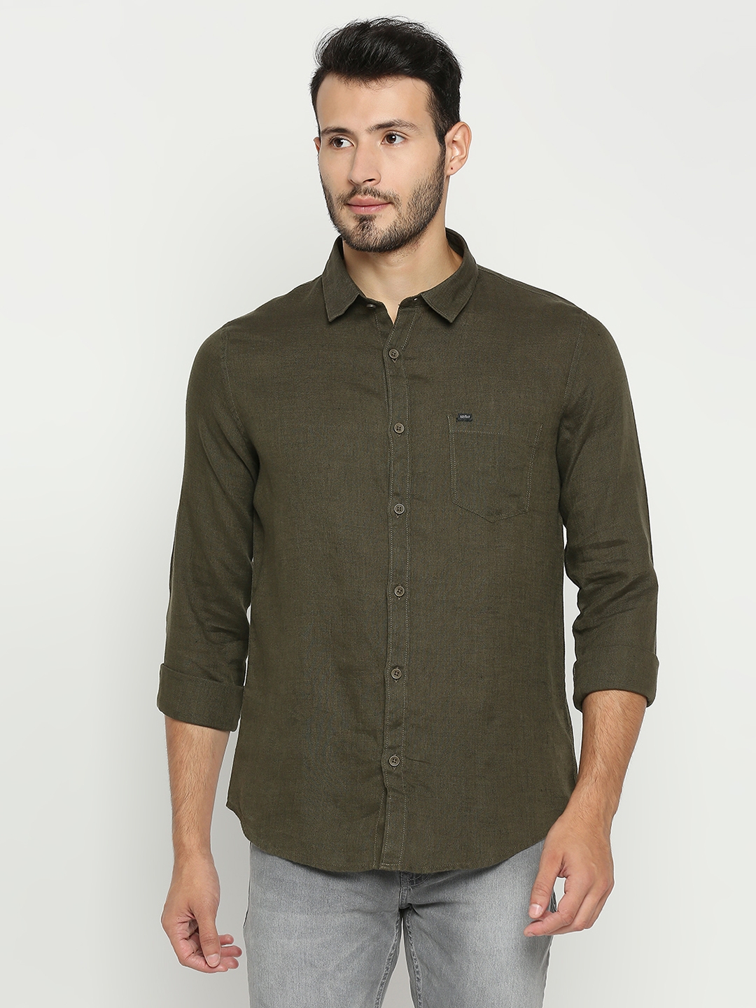Spykar | Spykar Olive Green Cotton Full Sleeve Plain Shirt For Men