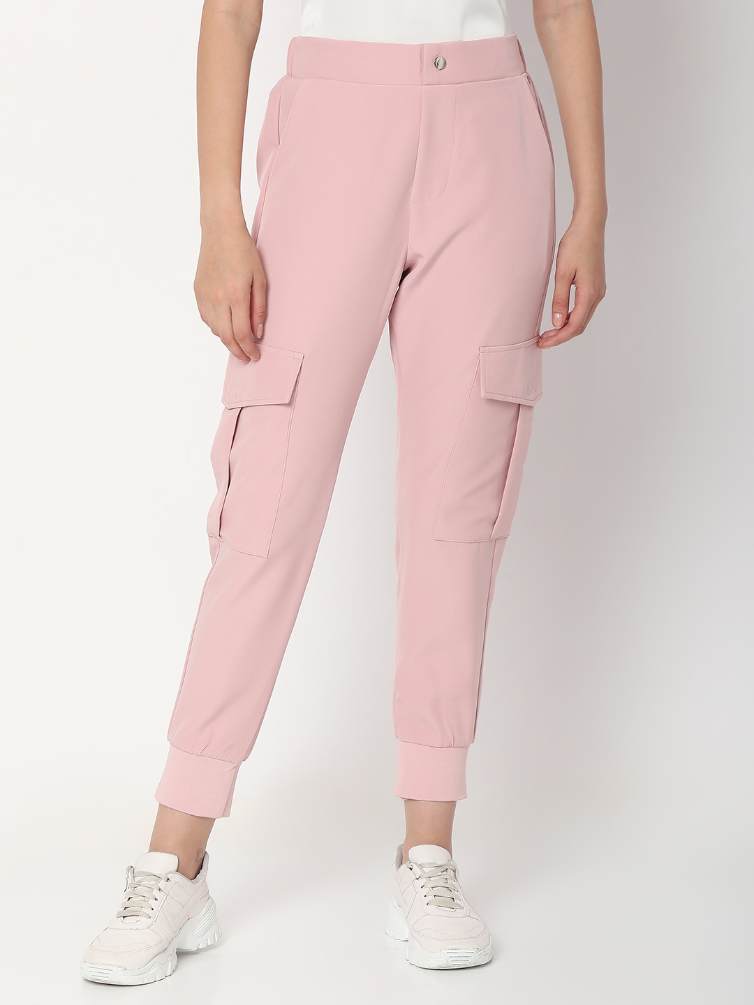 Women's Pink Cotton Solid Trackpants
