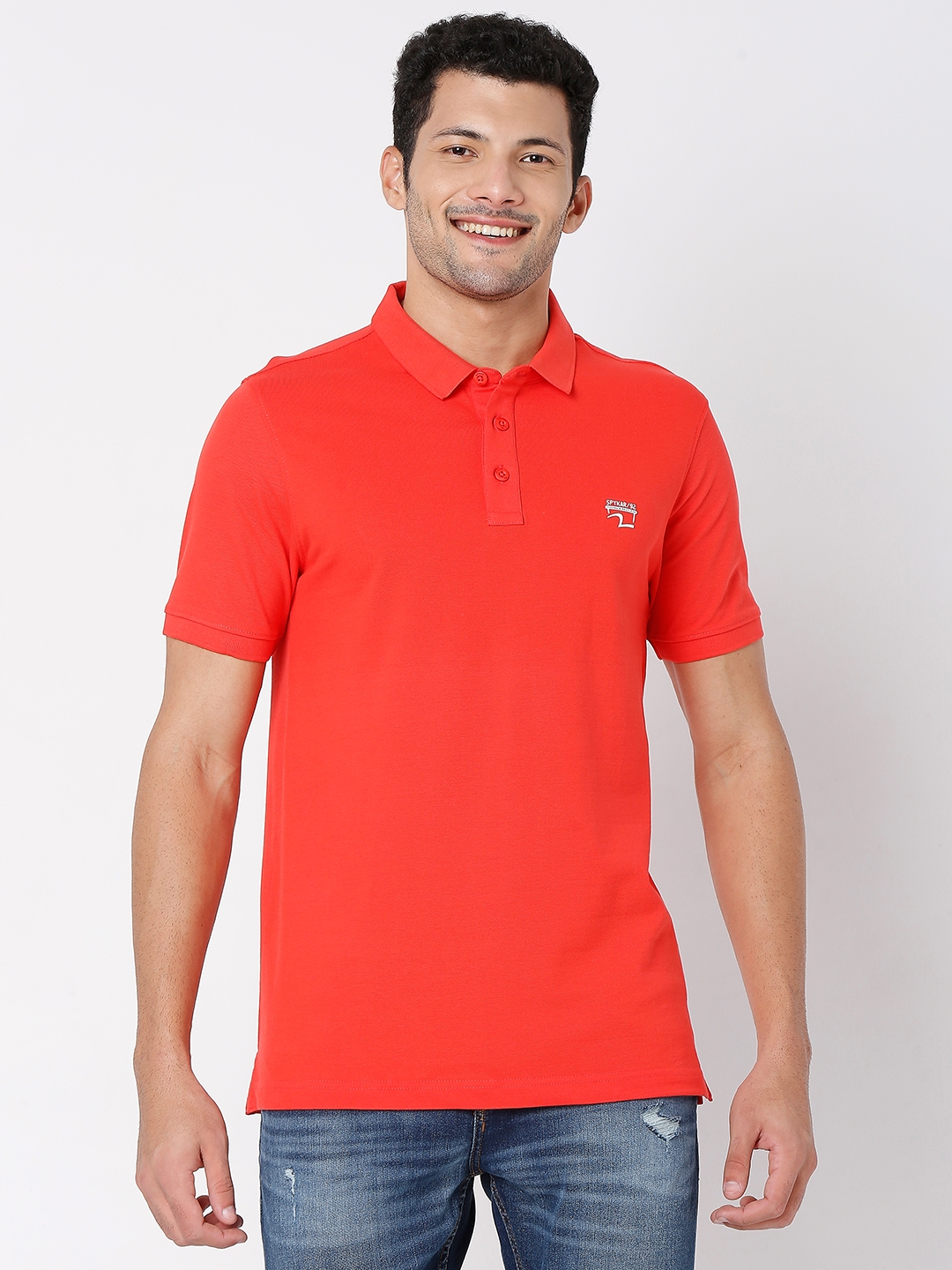 Spykar Deep Coral Cotton Half Sleeve Plain Casual T-Shirt For Men