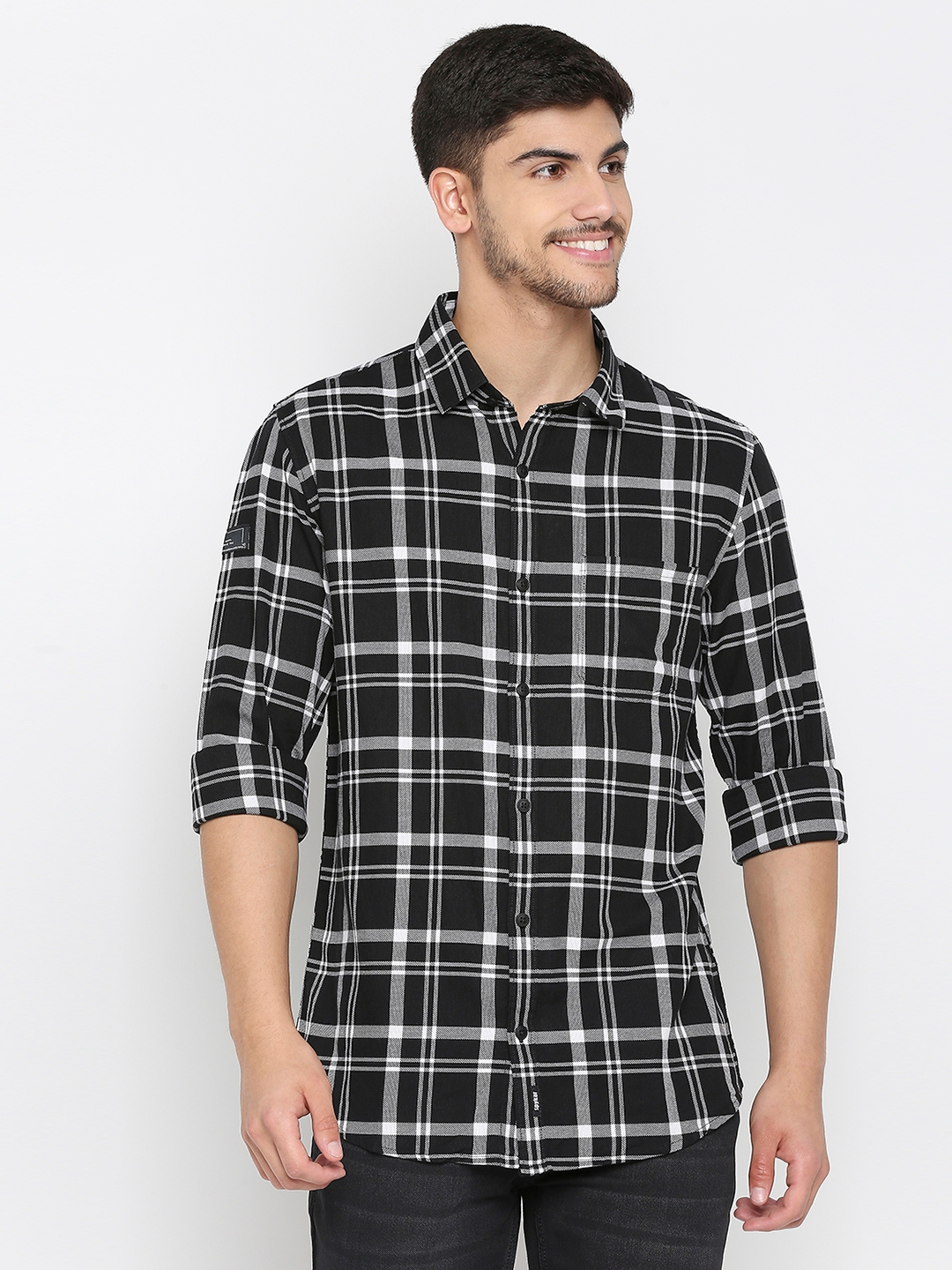 Spykar | Spykar Black Cotton Full Sleeve Checks Shirt For Men