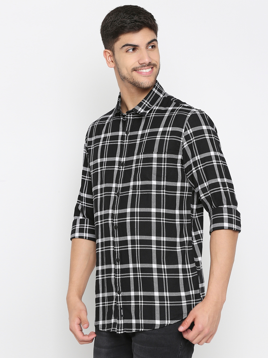 Men's Black Cotton Checked Casual Shirts