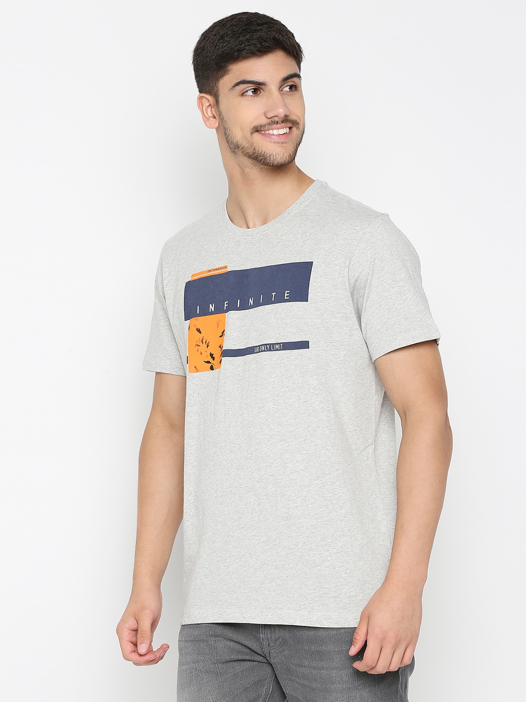 Spykar Ash Melange Cotton Half Sleeve Printed Casual T-Shirt For Men