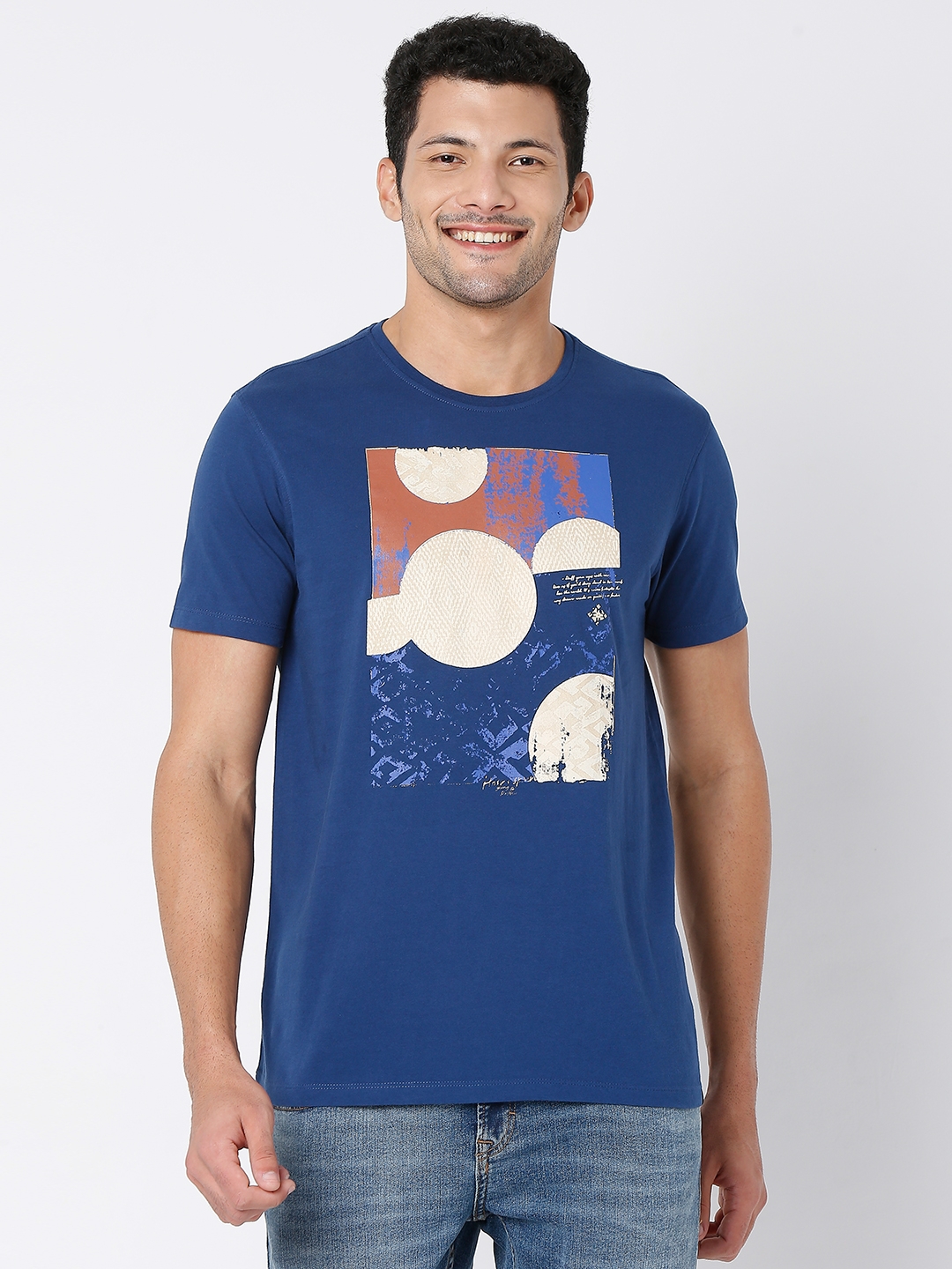 Spykar Indigo Blue Cotton Half Sleeve Printed Casual T-Shirt For Men