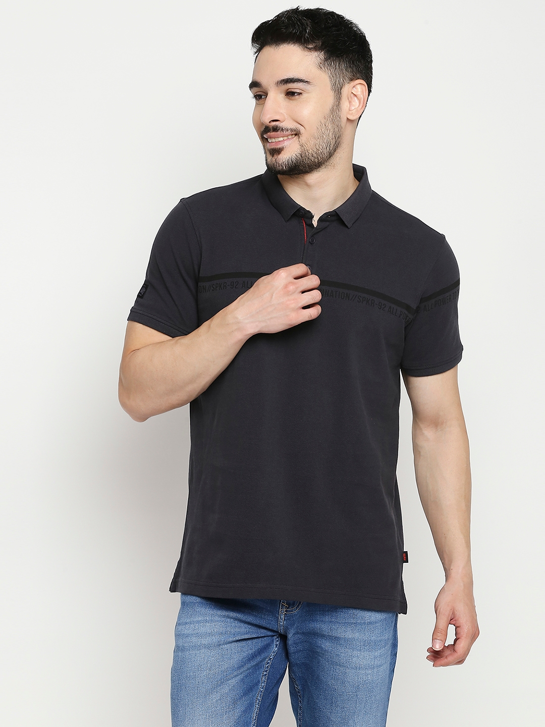 Spykar Slate Grey Cotton Half Sleeve Printed Casual T-Shirt For Men