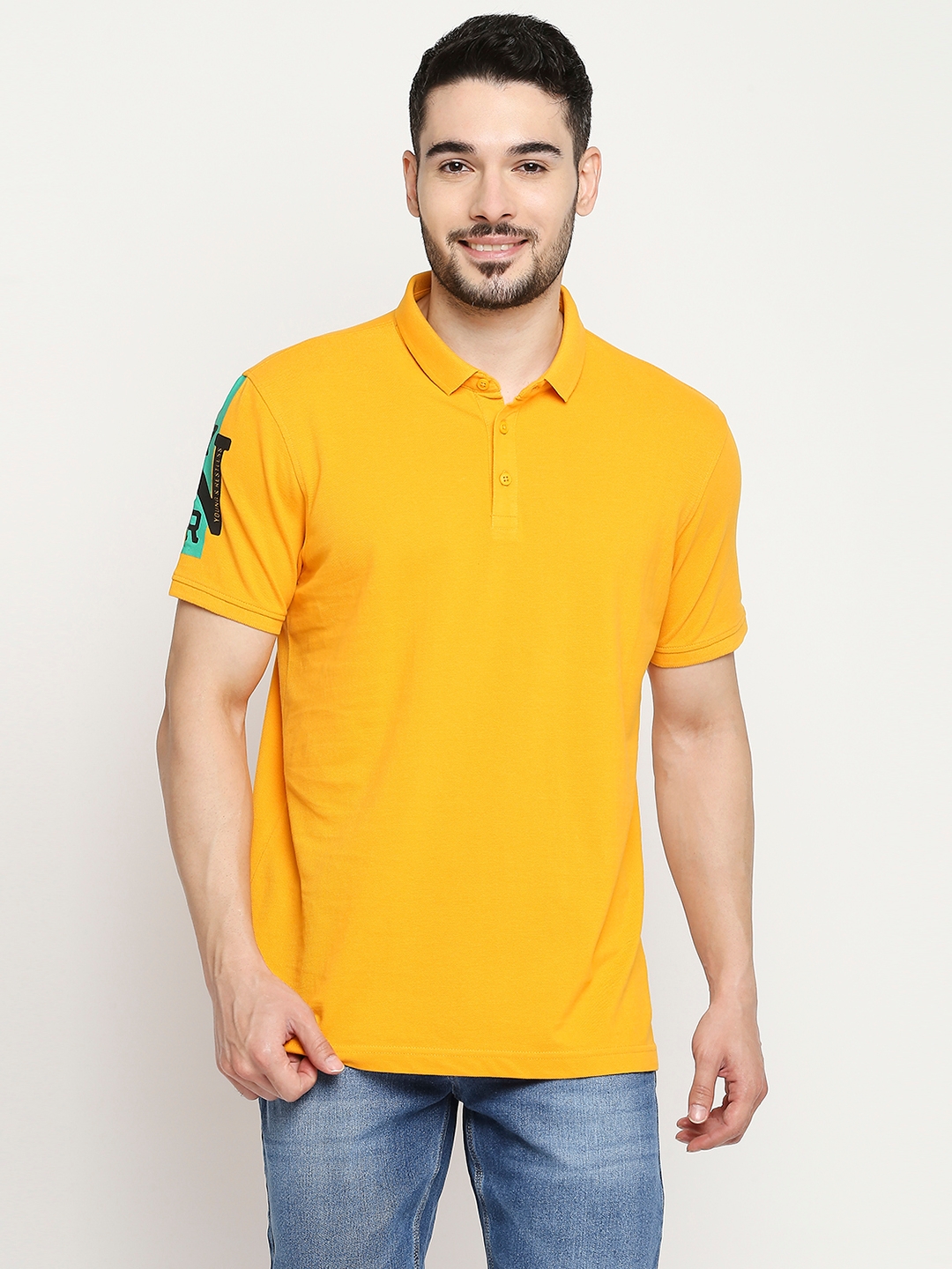 Spykar Chrome Yellow Cotton Half Sleeve Plain Casual T-Shirt For Men