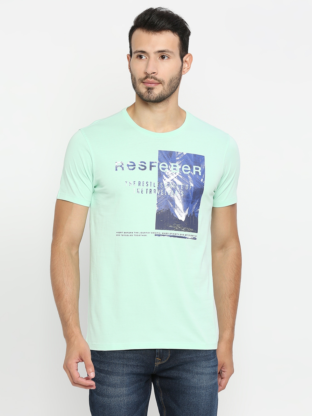 Spykar | Spykar Ice Green Cotton Half Sleeve Printed Casual T-Shirt For Men
