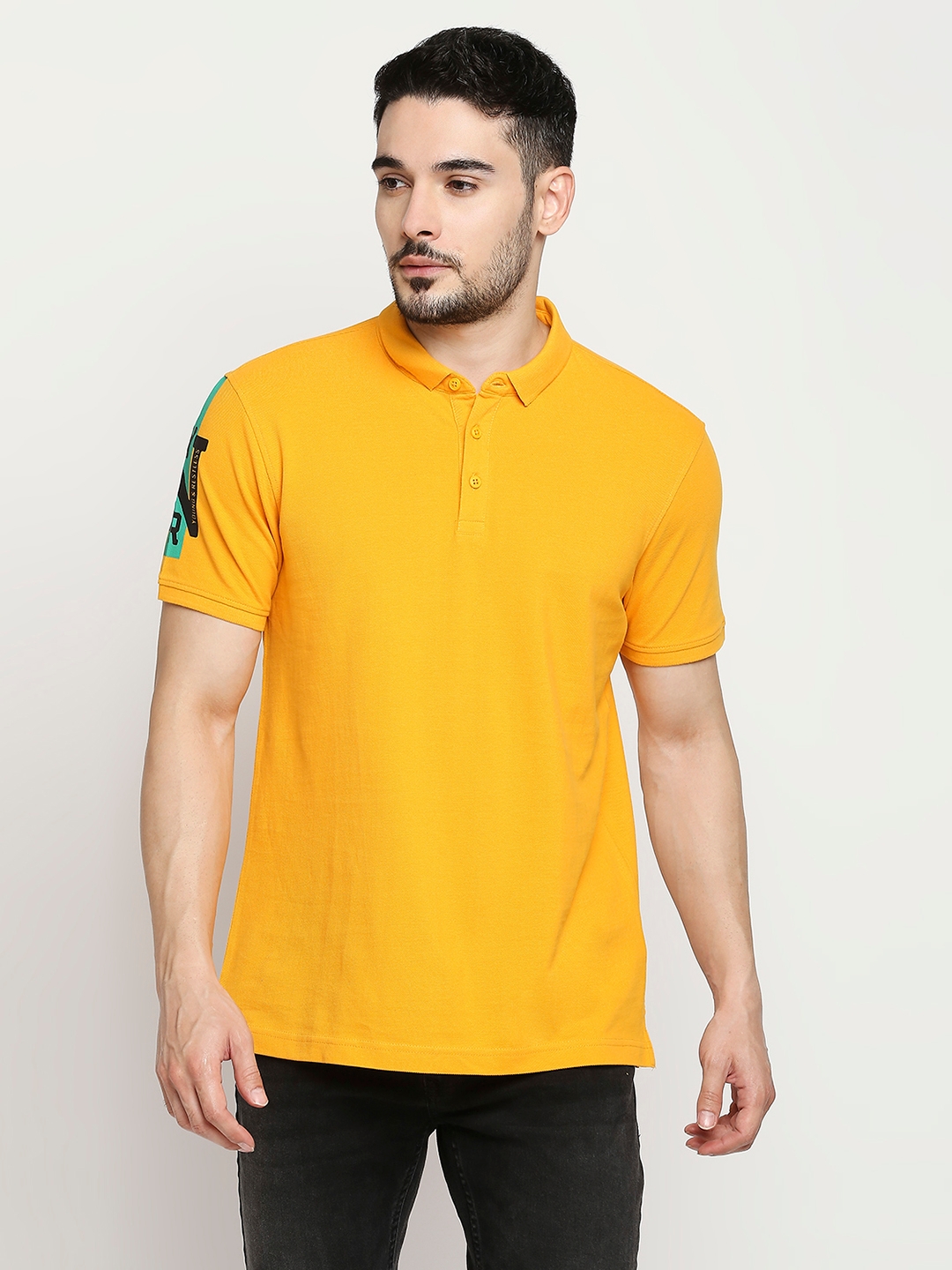Spykar Chrome Yellow Cotton Half Sleeve Plain Casual T-Shirt For Men