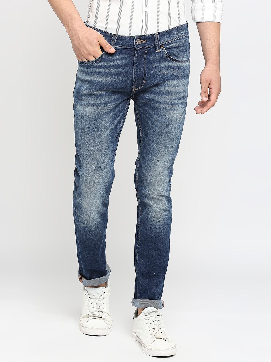 Men's Blue Cotton Solid Jeans