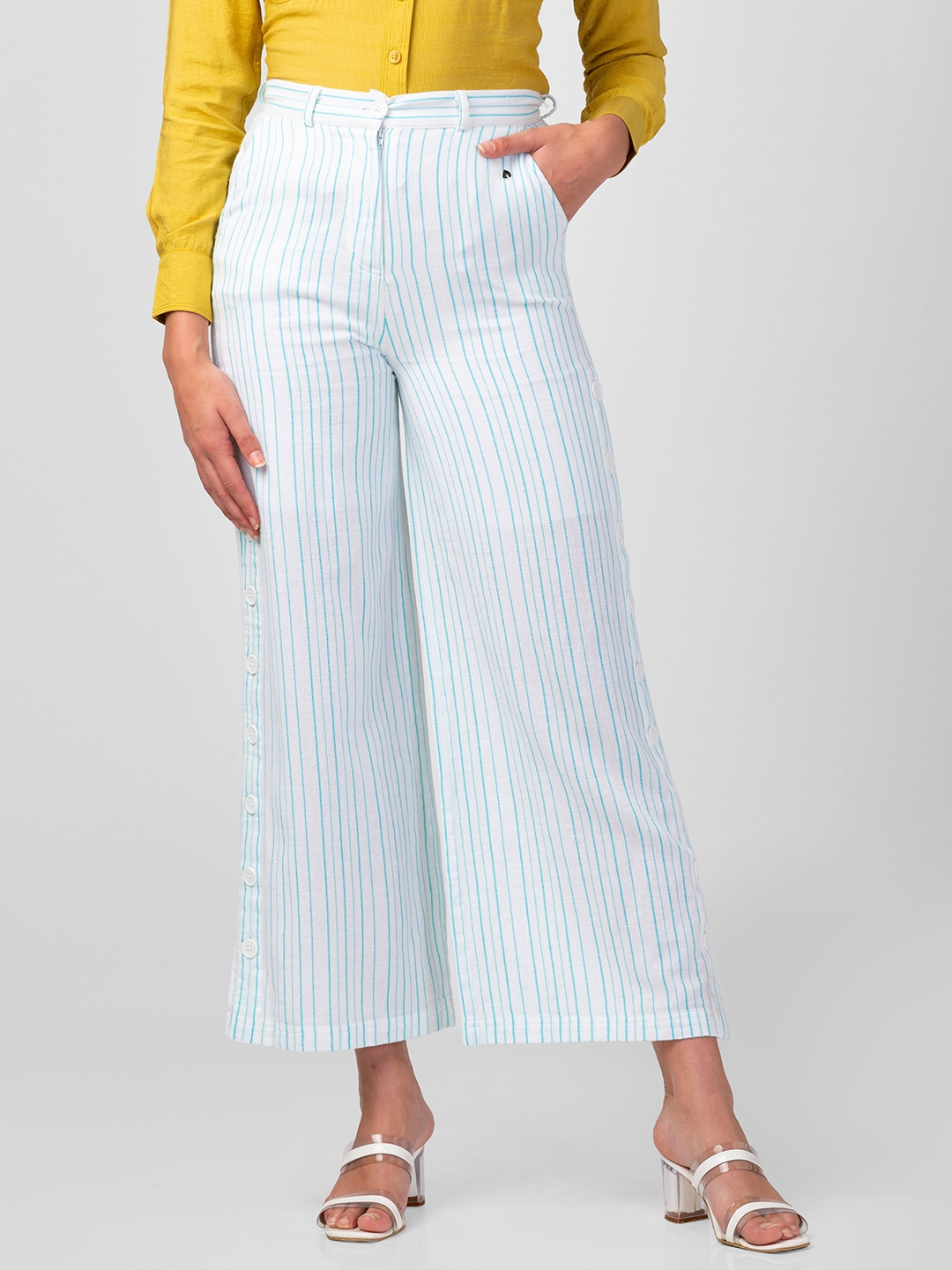 Women's White Cotton Blend Striped Trousers