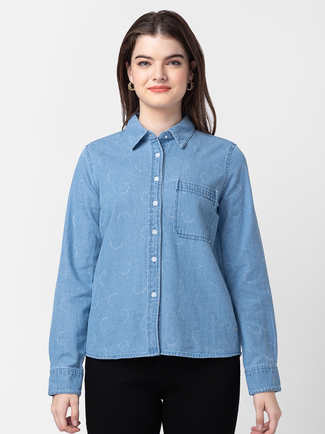 Spykar Women Light Blue Cotton Slim Fit Denim Shirt