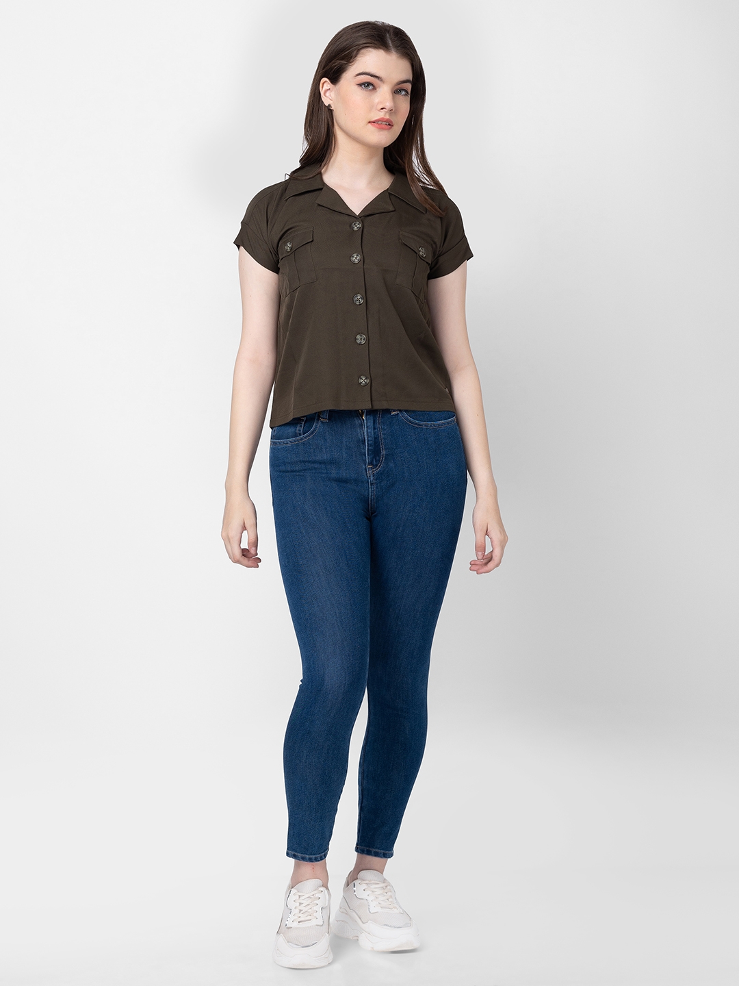 Spykar Women Olive Cotton Slim Fit Half Sleeve Plain Shirt
