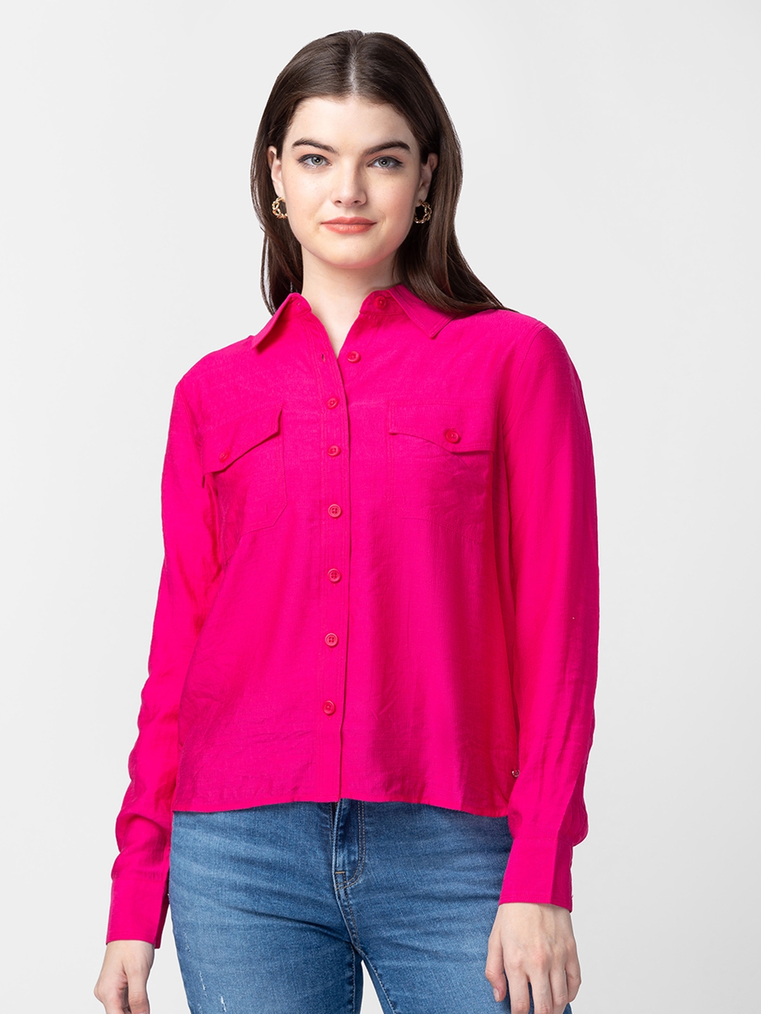 Spykar Women Fuschia Pink Cotton Regular Fit Plain Shirt