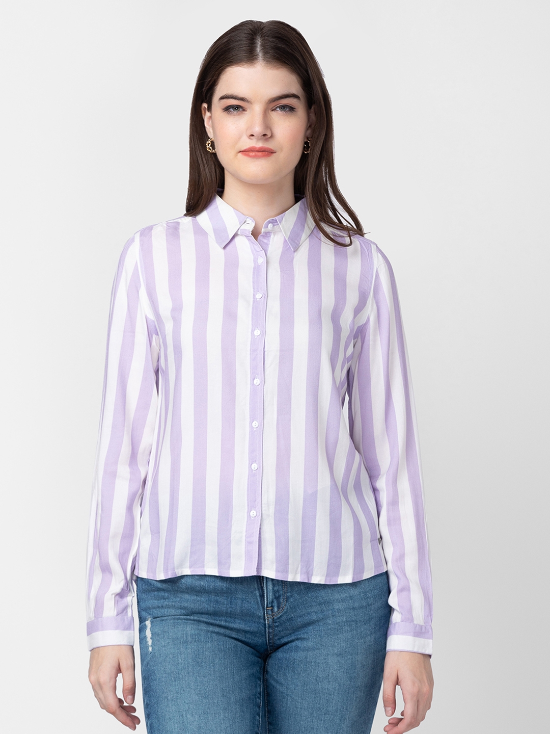 Spykar Women Lilac Cotton Slim Fit Striped Shirt