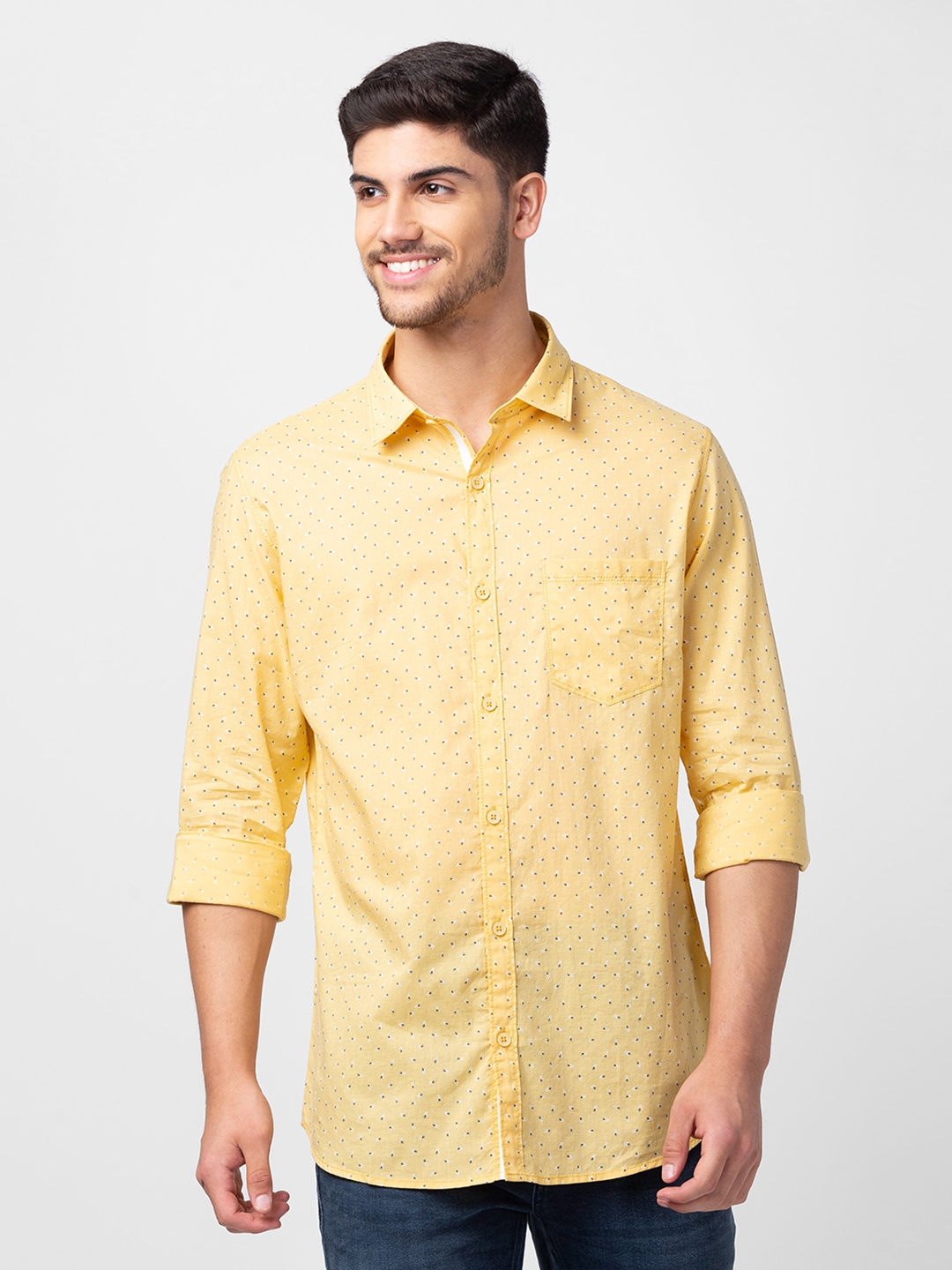 Spykar Men Chrome Yellow Cotton Slim Fit Printed Shirt