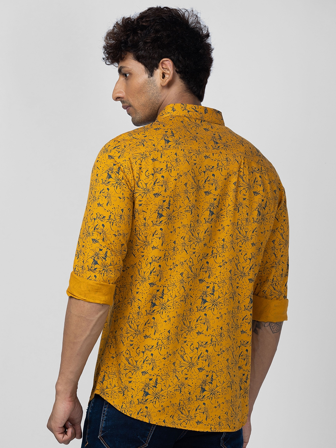 Spykar Men Mustard Yellow Cotton Slim Fit Printed Shirt