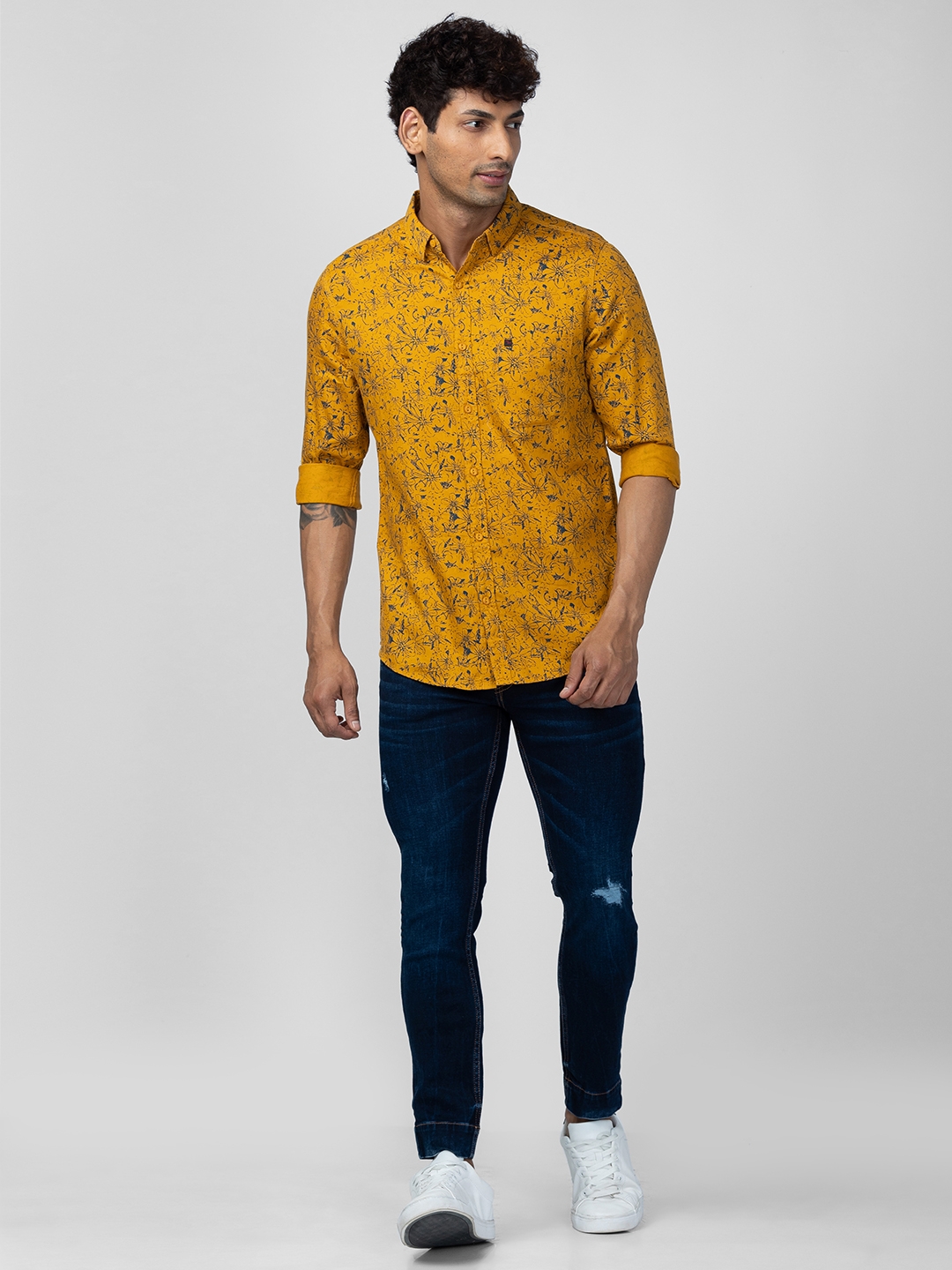 Spykar Men Mustard Yellow Cotton Slim Fit Printed Shirt