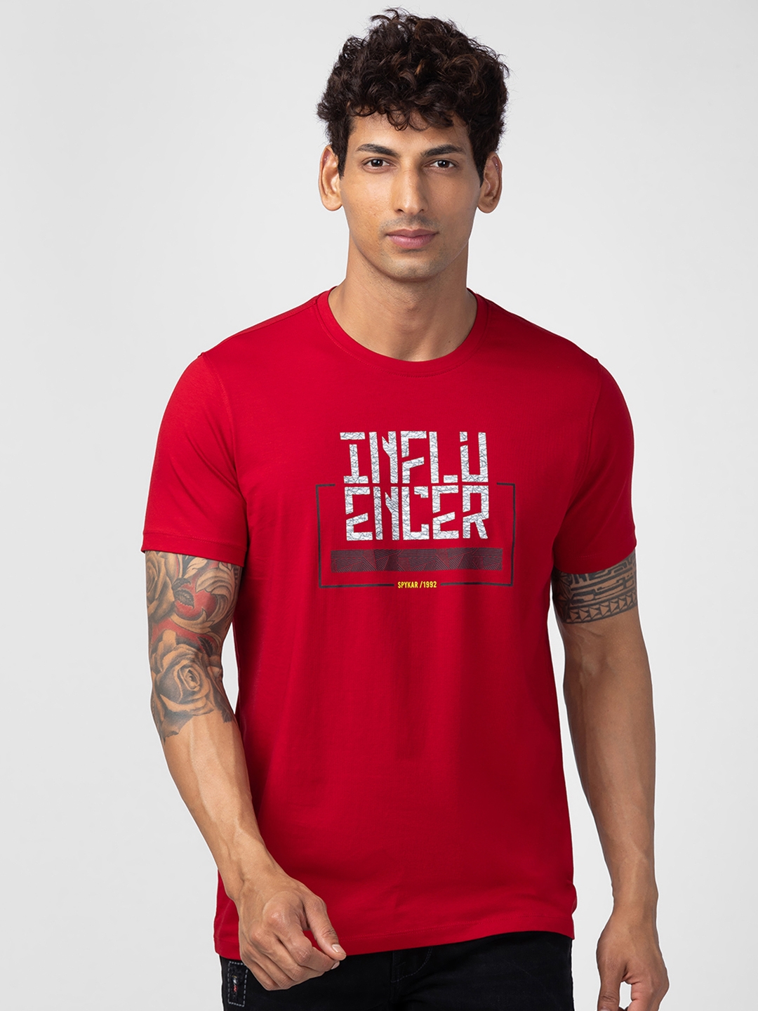 Spykar Men Deep Red Cotton Regular Fit Half Sleeve Printed T-Shirt
