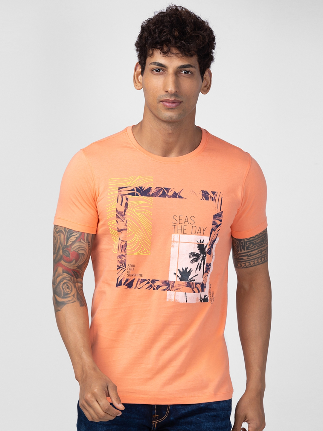 Spykar Men Peach Cotton Regular Fit Half Sleeve Printed T-Shirt