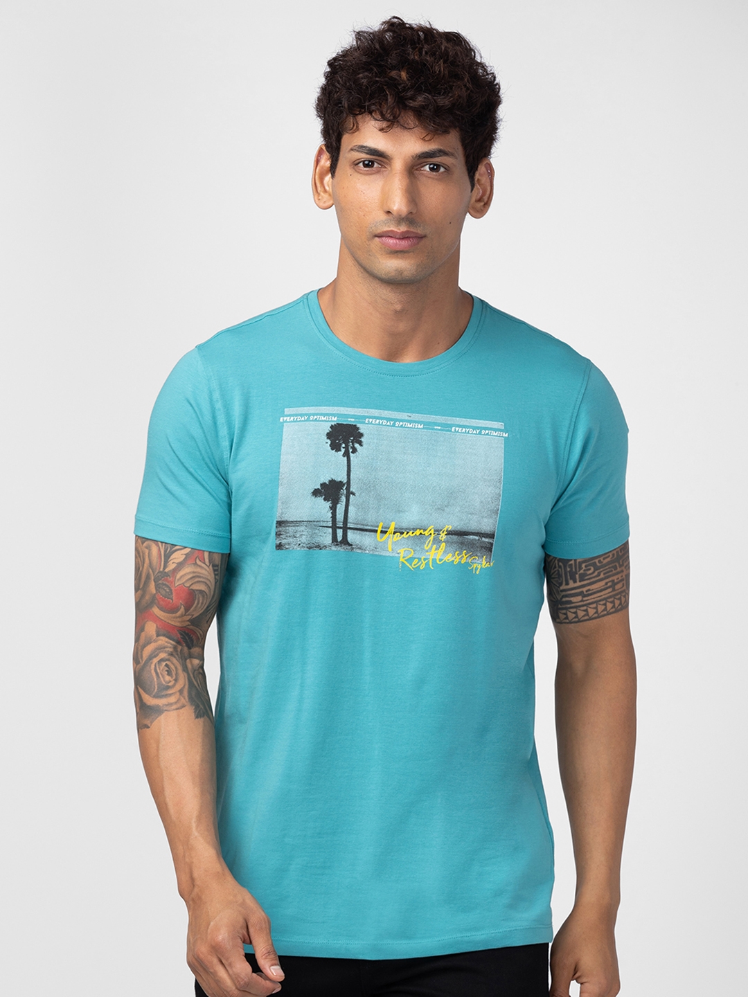 Spykar Men Dusty Turquoise Cotton Regular Fit Half Sleeve Printed T-Shirt