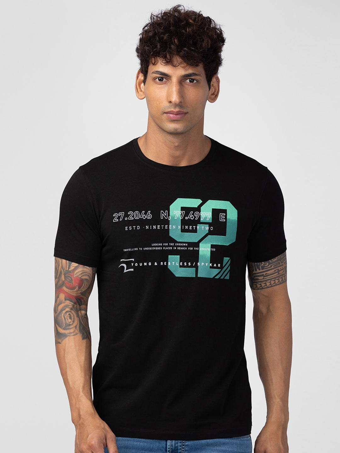 spykar | Spykar Men Black Cotton Regular Fit Half Sleeve Printed T-Shirt
