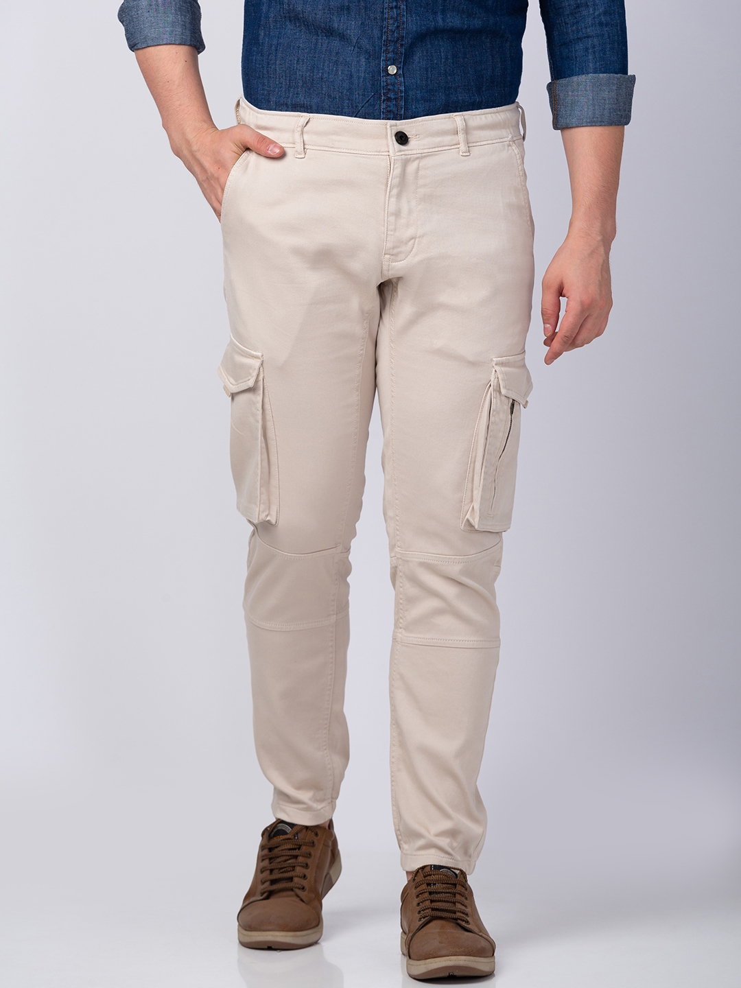 Men's Beige Lycra Solid Trousers