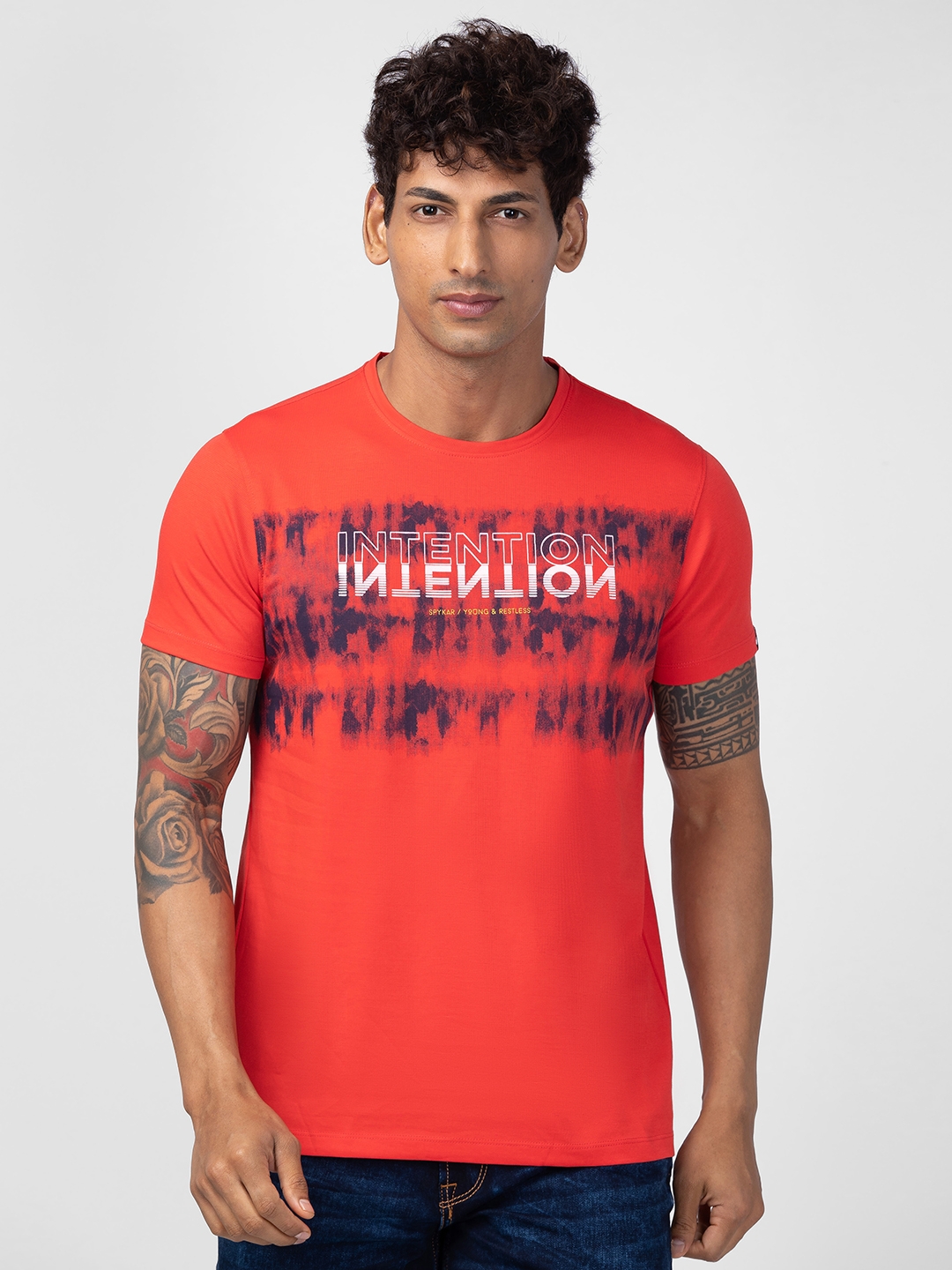 Spykar Men Deep Coral Cotton Regular Fit Half Sleeve Printed T-Shirt