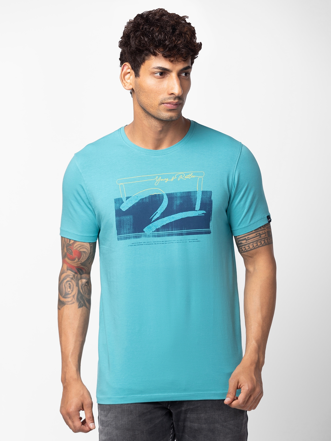 Spykar Men Dusty Turquoise Cotton Regular Fit Half Sleeve Printed T-Shirt