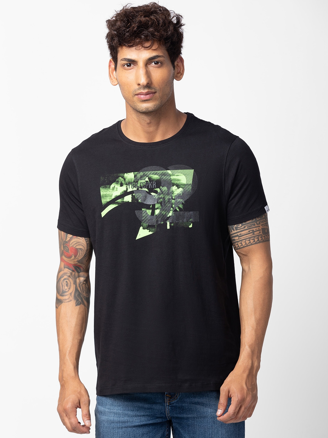Spykar Men Black Cotton Regular Fit Half Sleeve Printed T-Shirt