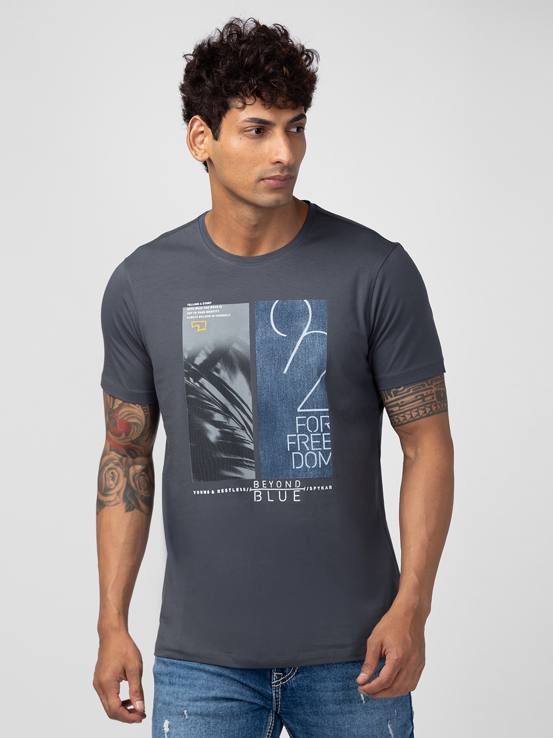 Spykar Men Slate Grey Cotton Regular Fit Half Sleeve Printed T-Shirt