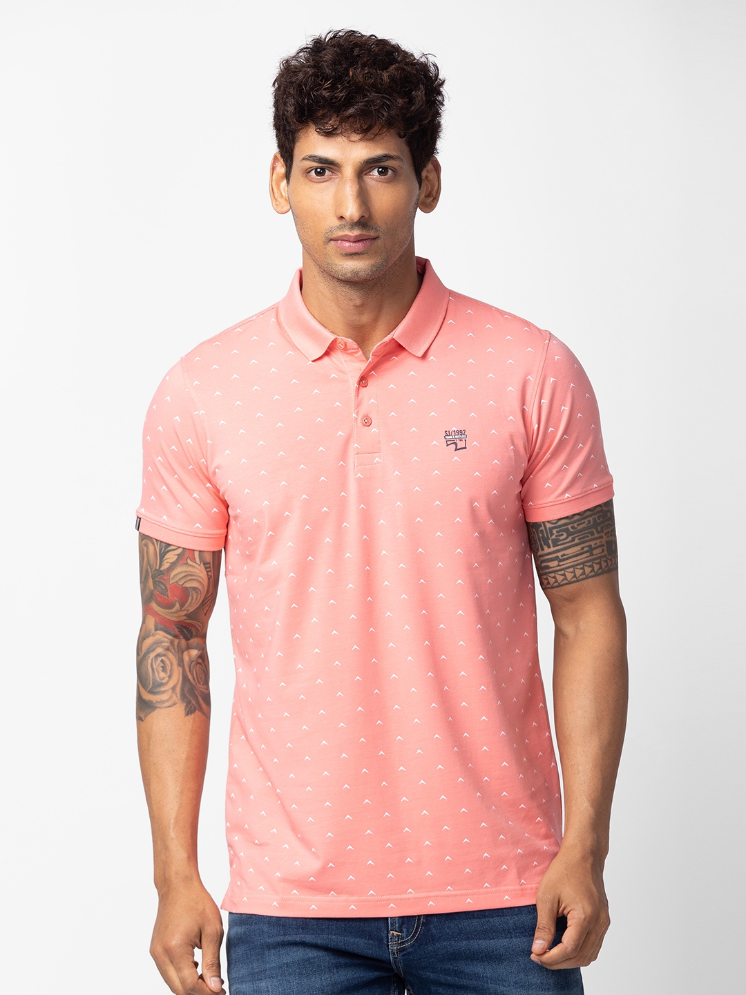 Spykar Men Peach Pink Cotton Regular Fit Half Sleeve Printed T-Shirt