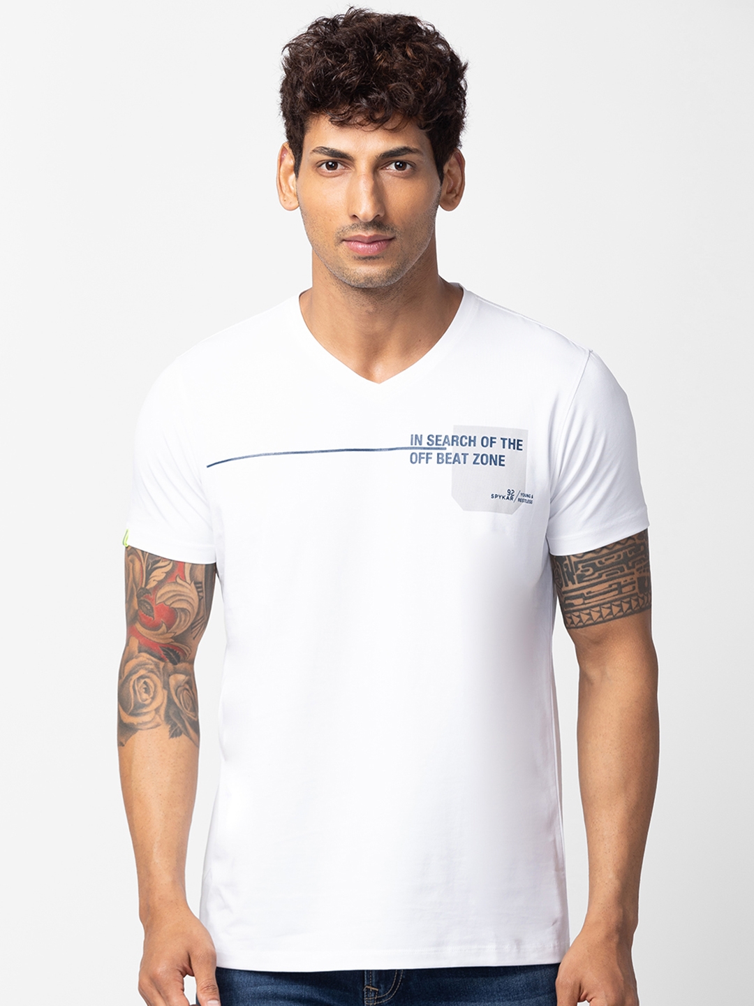 Spykar Men White Cotton Regular Fit Half Sleeve Printed T-Shirt