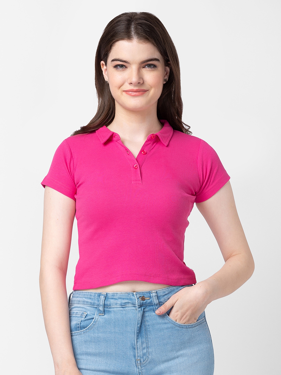 Spykar Women Fuschia Pink Cotton Printed Polo Tshirt