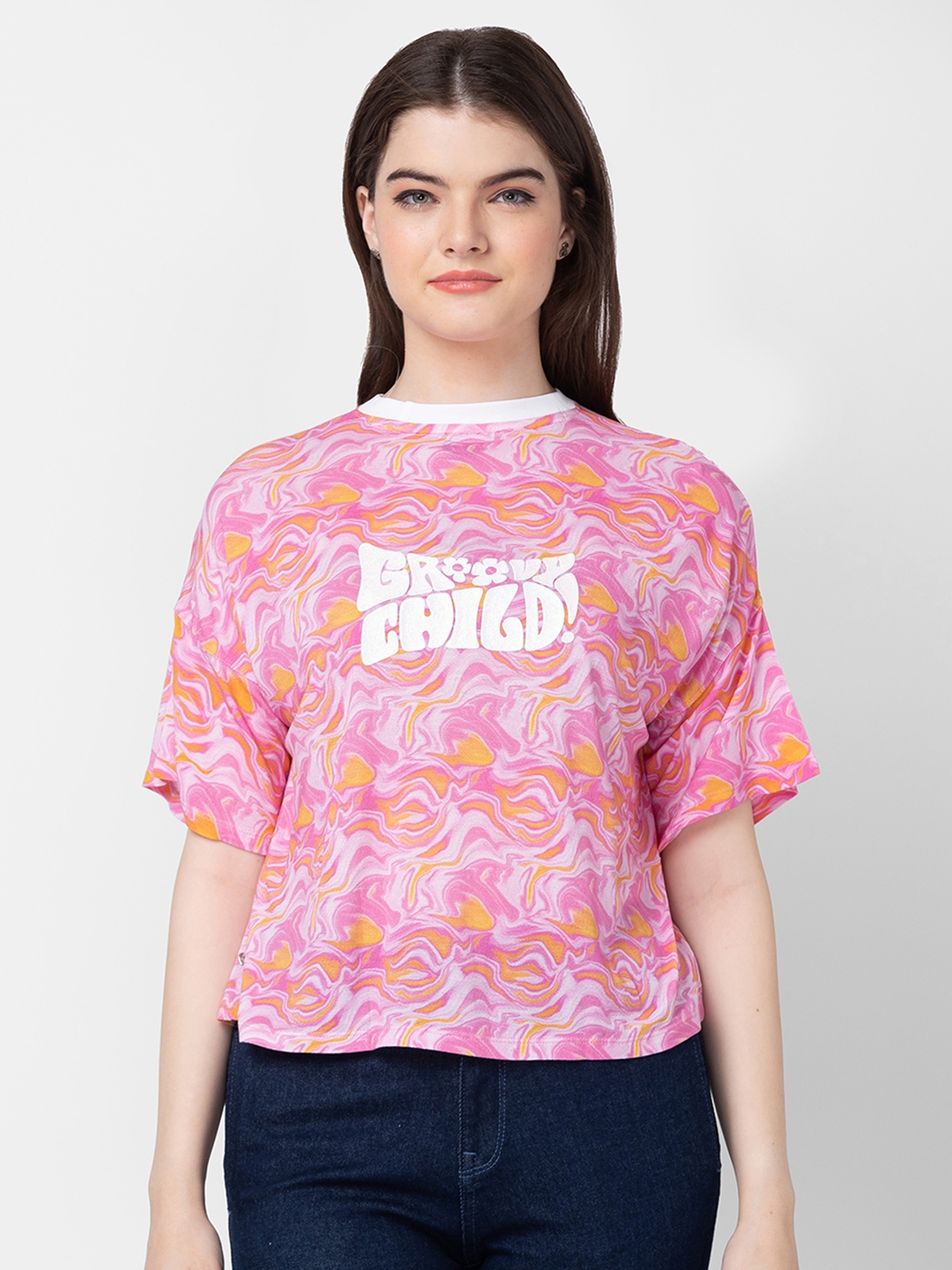 Spykar Women Fuschia Pink Cotton Regular Fit Printed T-Shirt