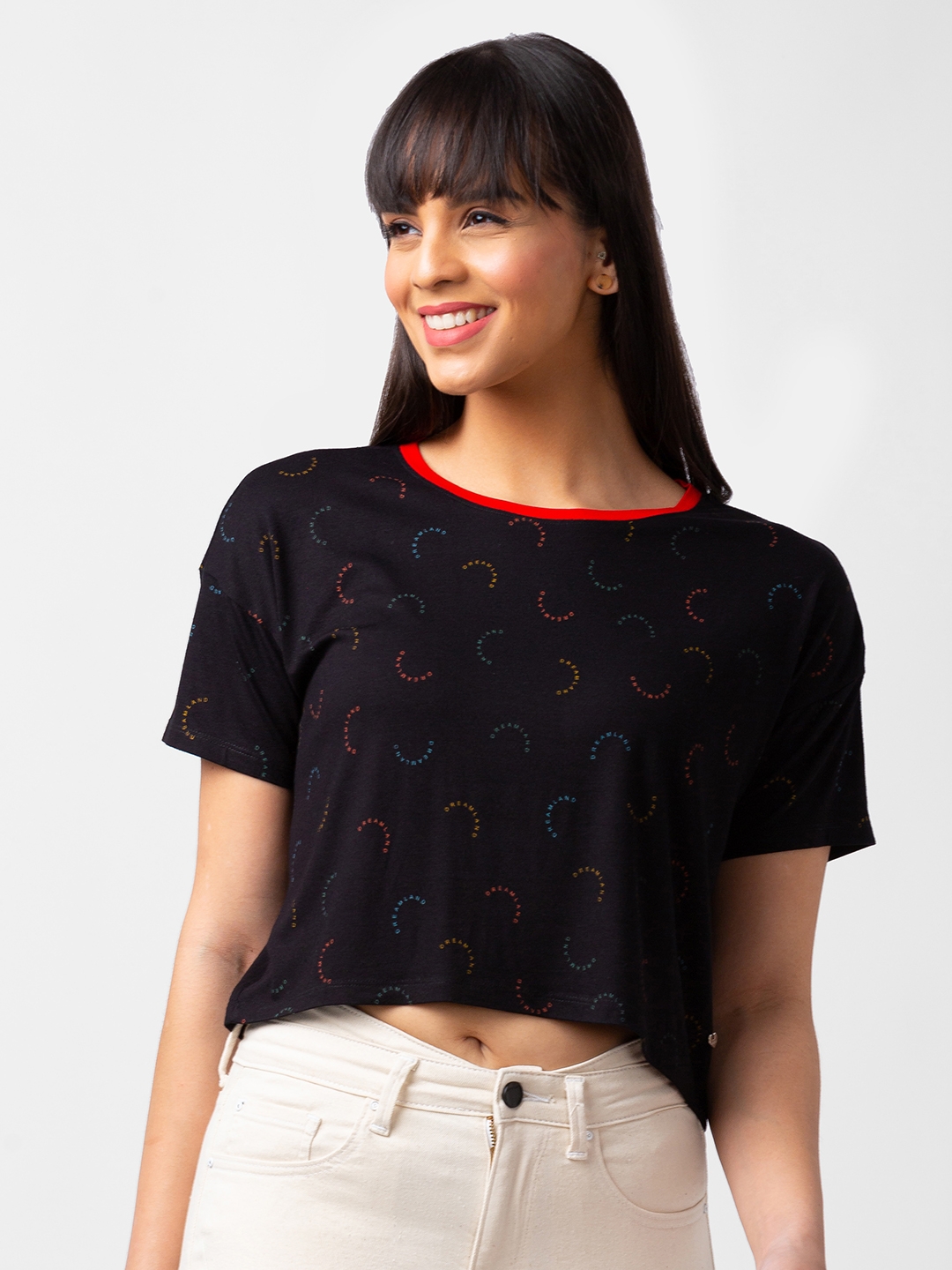 spykar | Spykar Women Black Blended Slim Fit Half Sleeve Printed Crop Top