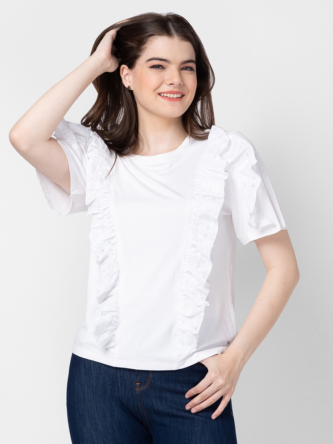 spykar | Spykar Women White Cotton Slim Fit Solid T-Shirt