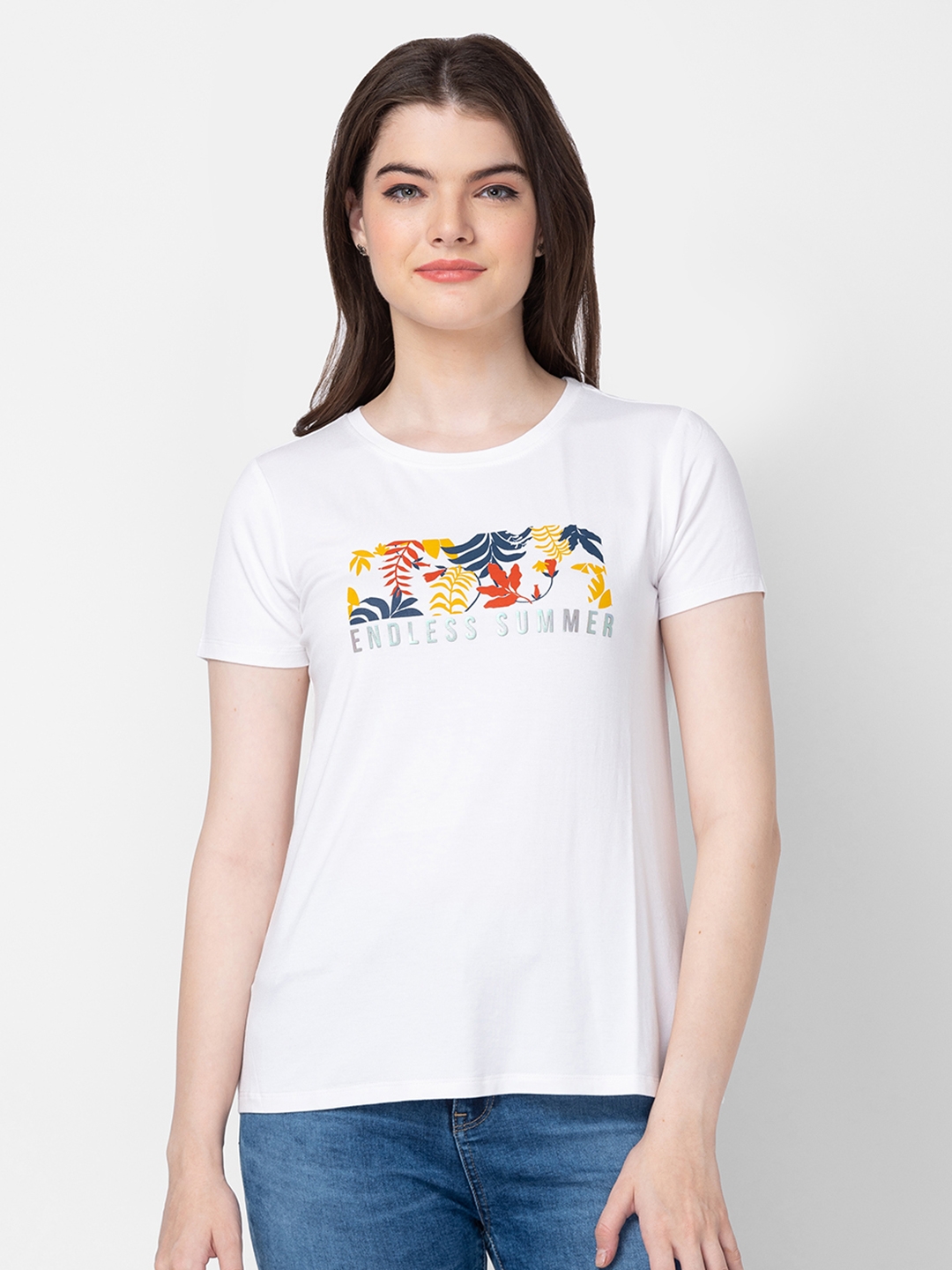 spykar | Spykar Women White Cotton Slim Fit Printed T-Shirt