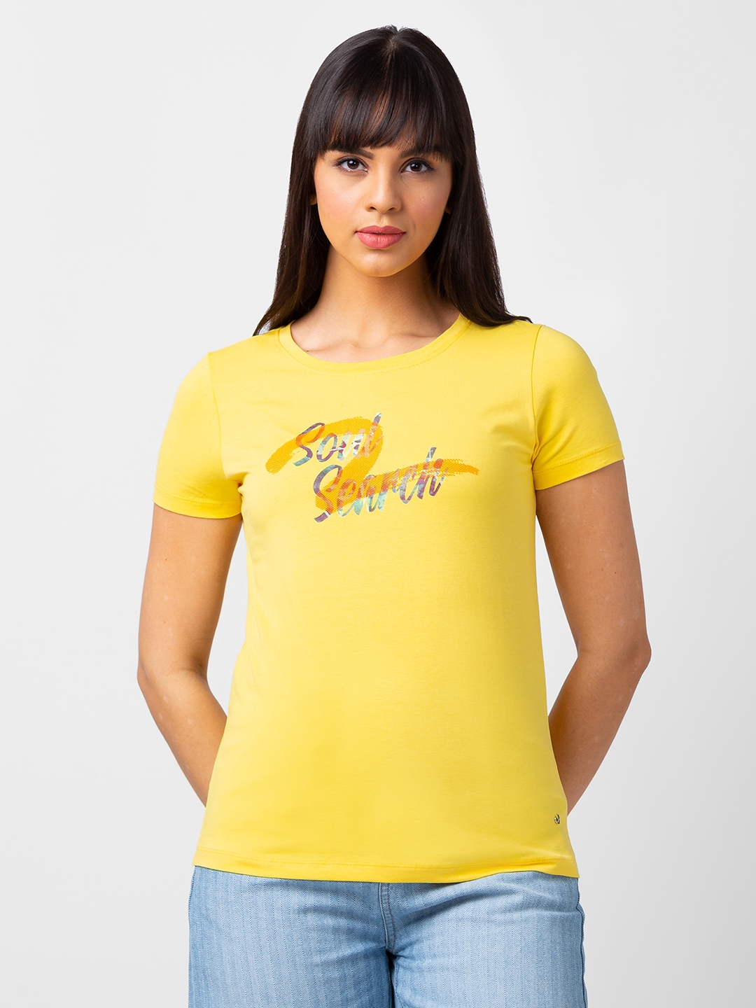 spykar | Spykar Women Lemon Yellow Blended Regular Fit Half Sleeve Printed Tshirt