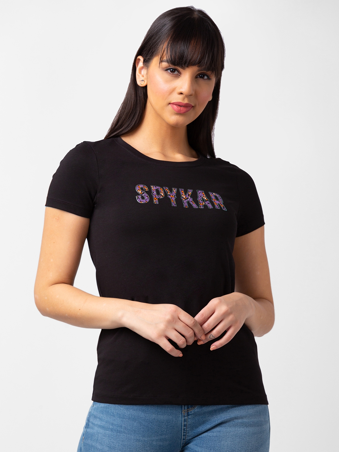 spykar | Spykar Women Black Blended Regular Fit Half Sleeve Printed Tshirt