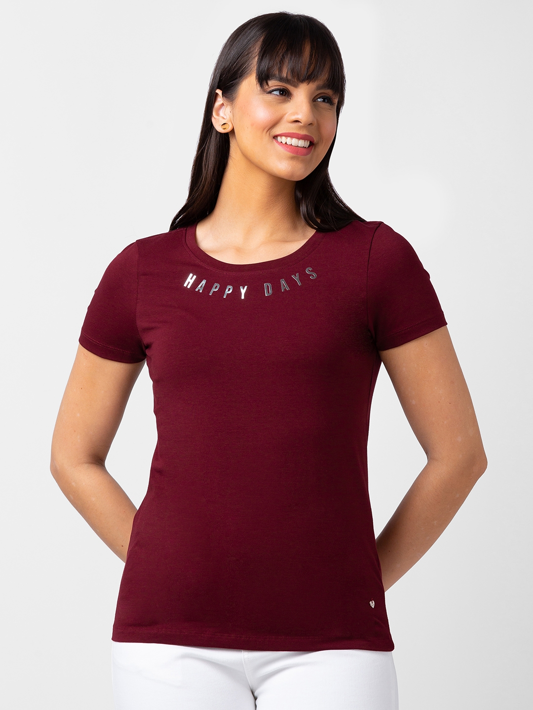 Spykar Women Wine Blended Slim Fit Half Sleeve T-shirt