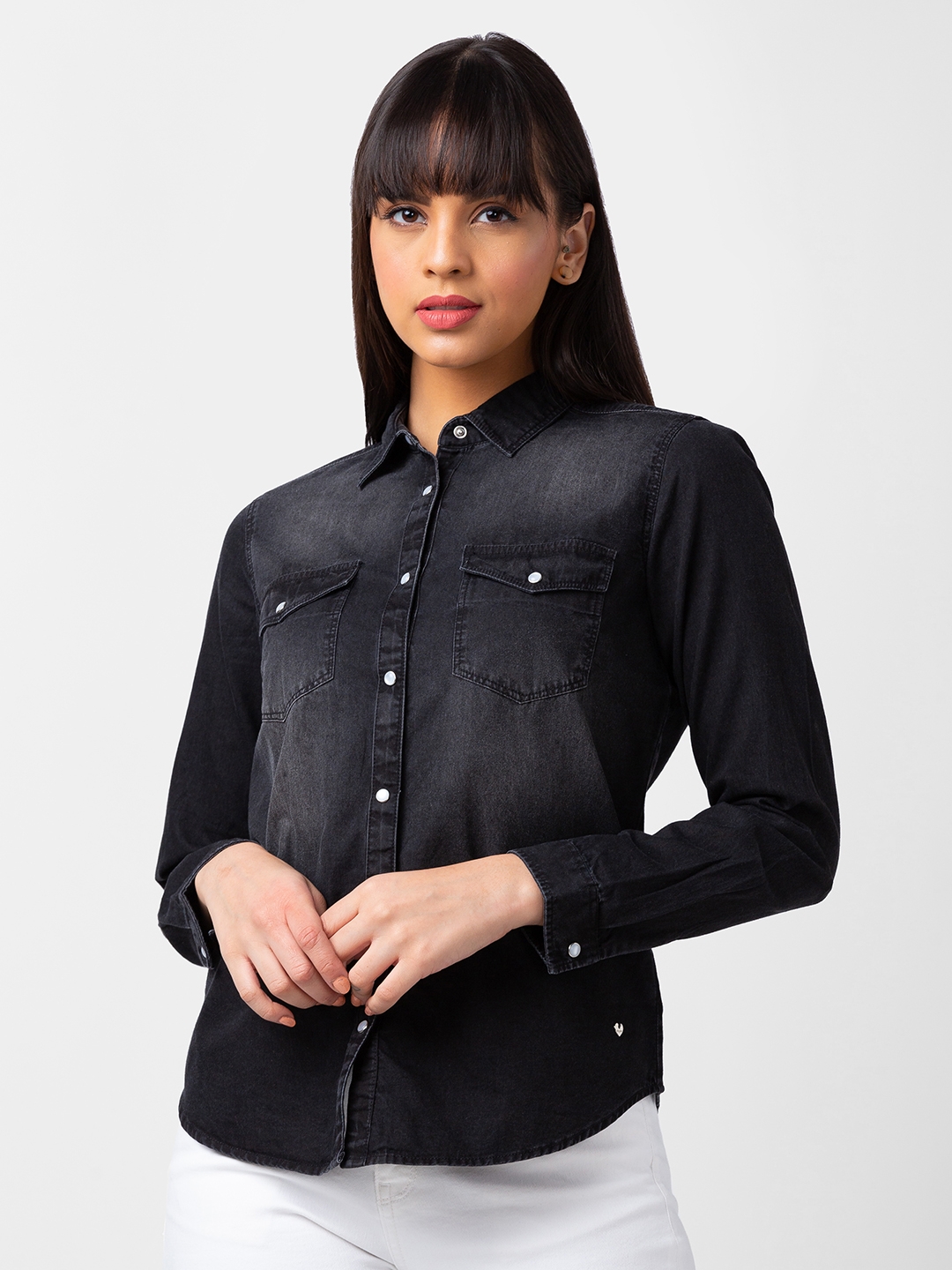 Spykar Women Black Cotton Regular Fit Denim Shirt